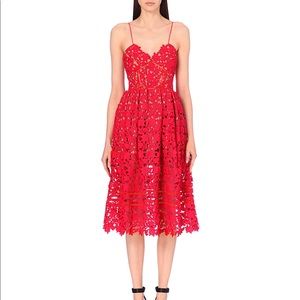 Red Lace Overlay Nude Crochet Medium Midi Dress